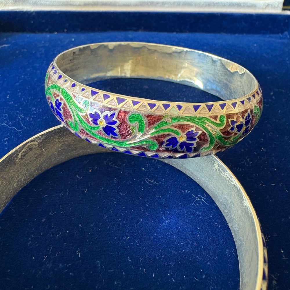 Colorful Floral Silver Bangle